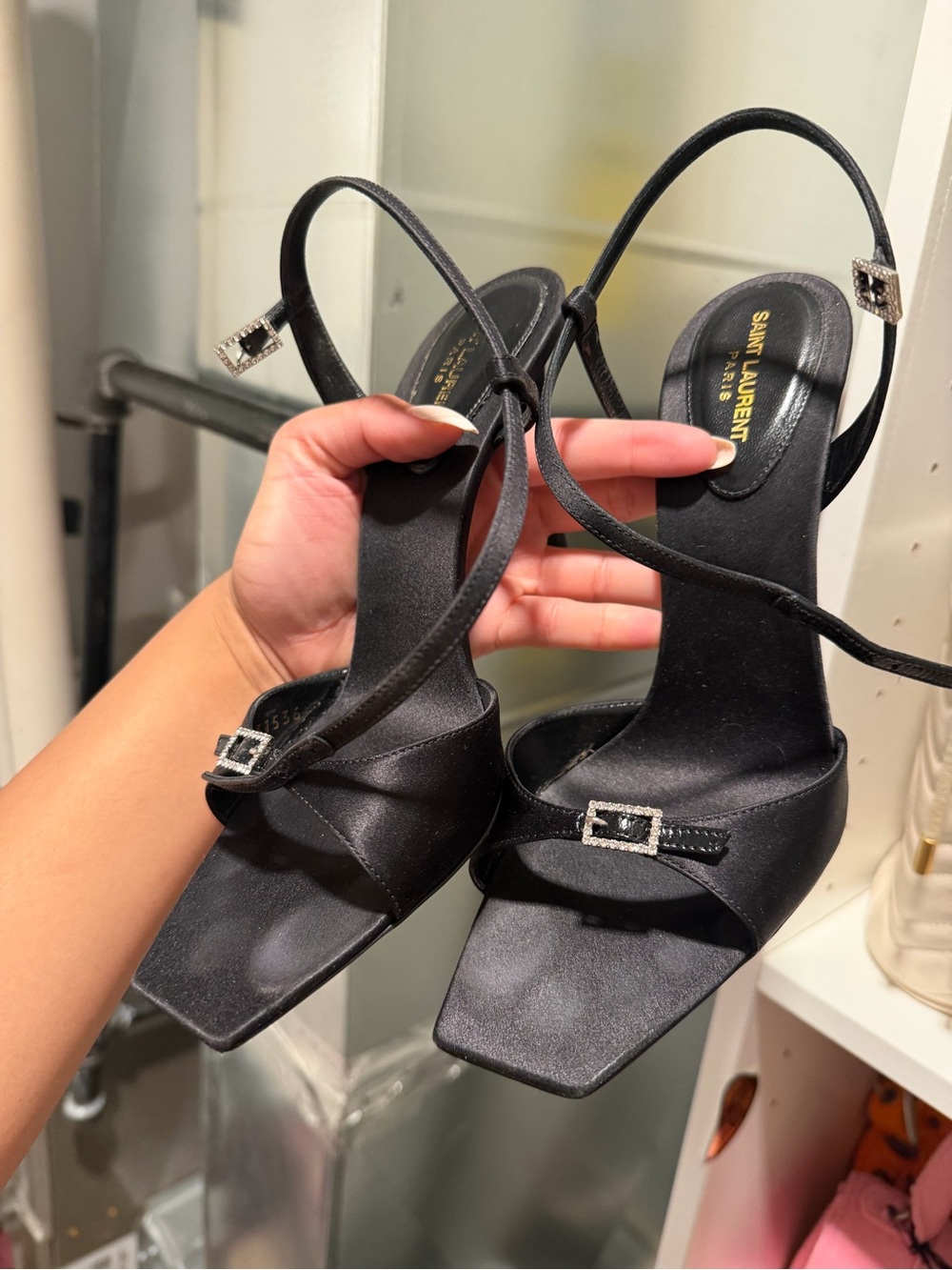 Saint Laurent Black Satin Rhinestone Buckle Strappy Heels